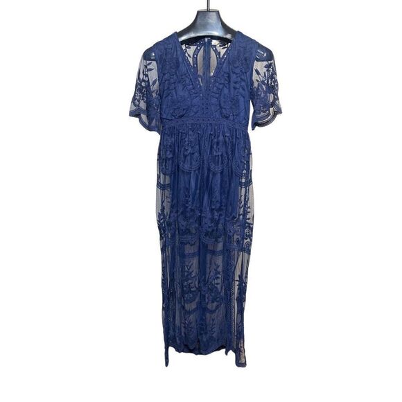 ELeter NWT Sexy V Neck Blue Lace Romper Short Sleeve Maxi Dress Small - Picture 1 of 6